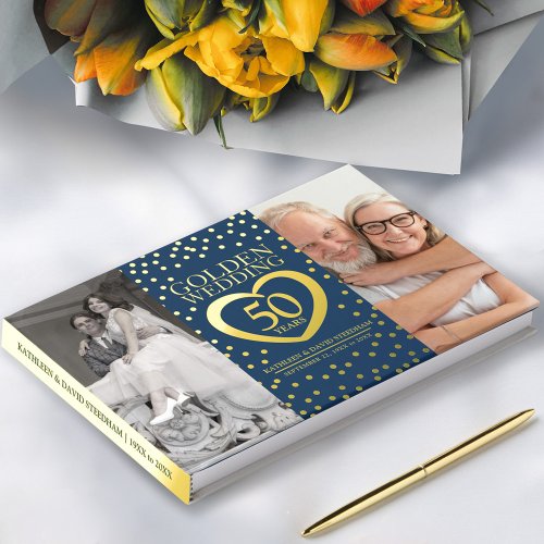 Golden heart 50th wedding anniversary photos blue foil guest book 