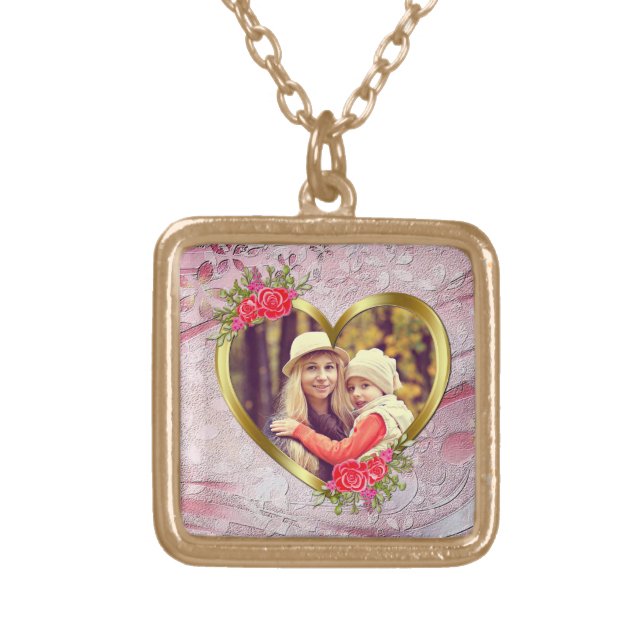 Golden Heart And Beautiful Roses Flowers  Gold Plated Necklace (Front)