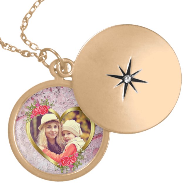 Golden Heart And Beautiful Roses Flowers Gold Plated Necklace (Front)