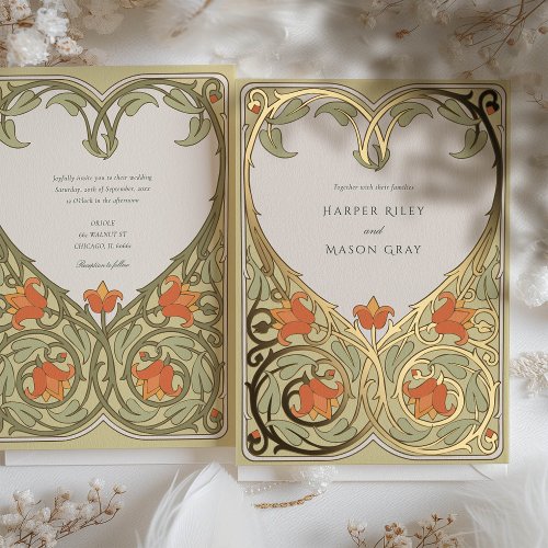 Golden Heart Art Nouveau Wedding Invitation Foil Invitation