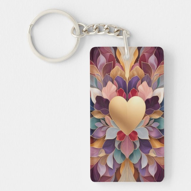 Golden Heart Bloom Elegant Multicolor Floral Symmt Keychain (Front)