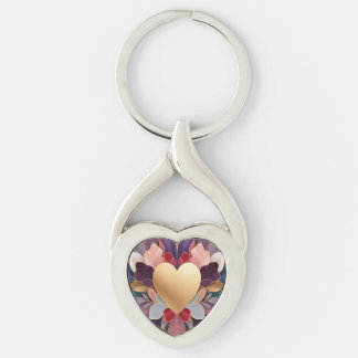 Golden Heart Bloom Elegant Multicolor Floral Symmt Keychain