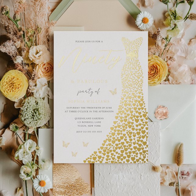 Golden Heart Gown 90th Birthday Party Real Gold Foil Invitation (Creator Uploaded)