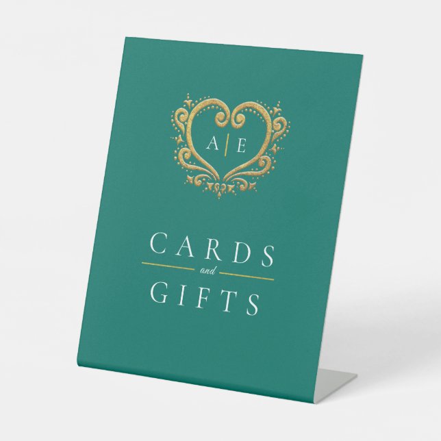 Golden heart monogram wedding cards and gifts pedestal sign (Front)