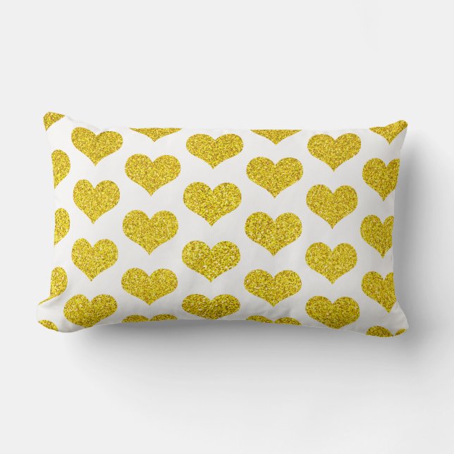 Golden Heart Patterns White Gold Glittery Cute Lumbar Pillow (Front)