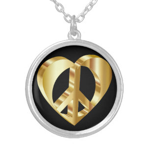 Golden heart peace symbol silver plated necklace