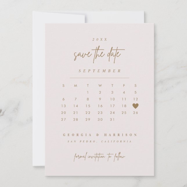 Golden Heart Save The Date Calendar Photo Card (Front)