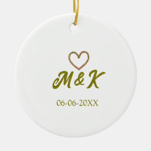 Golden heart wedding couple name letter modern ceramic ornament