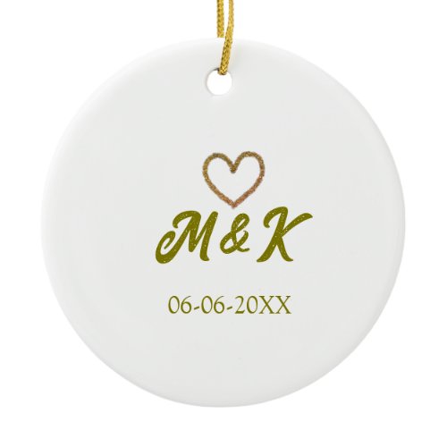 Golden heart wedding couple name letter modern  ceramic ornament
