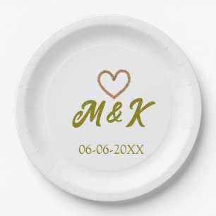 Golden heart wedding couple name letter modern  paper plates