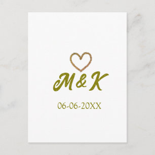 Golden heart wedding couple name letter modern  postcard