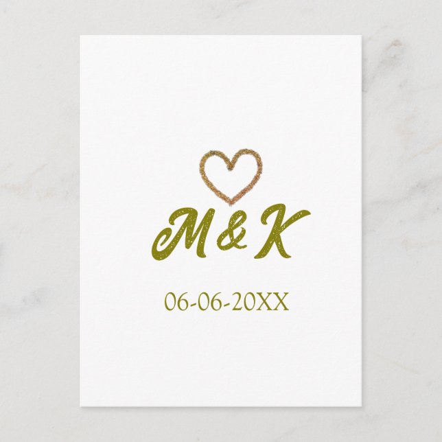 Golden heart wedding couple name letter modern  postcard (Front)