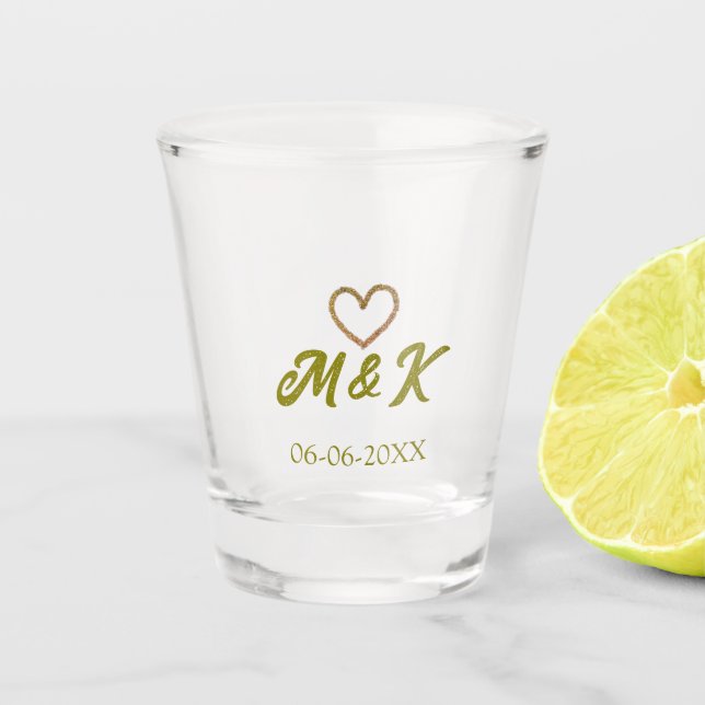 Golden heart wedding couple name letter modern  shot glass (Front)
