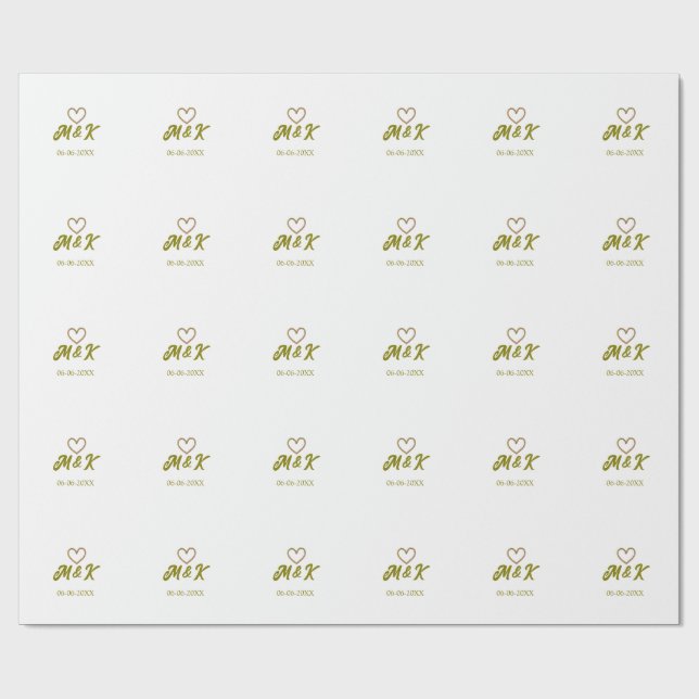 Golden heart wedding couple name letter modern  wrapping paper (Flat)