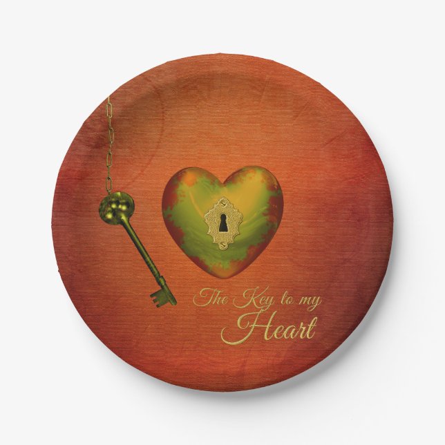 Golden Heart with Key Paper Plates (Front)