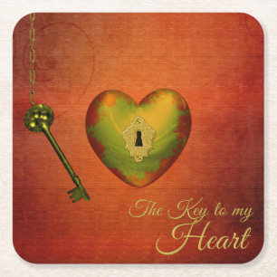Golden Heart with Key Square Paper Coaster