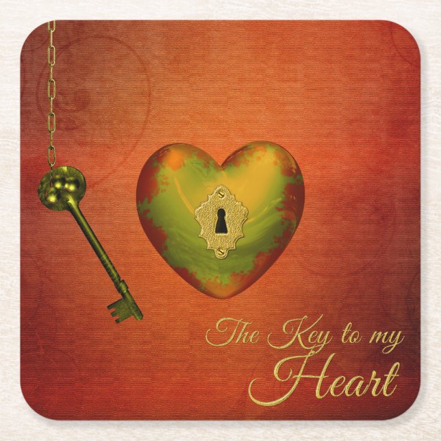 Golden Heart with Key Square Paper Coaster (Front)