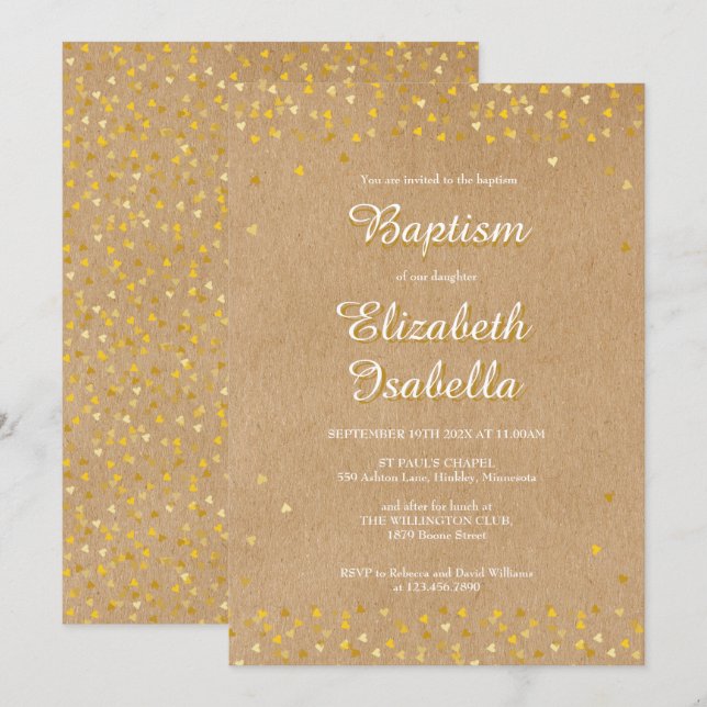 Golden Hearts Baptism Christening Invitation (Front/Back)