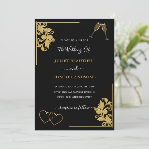 Golden Hearts Black Gold Framed Wedding Invitation