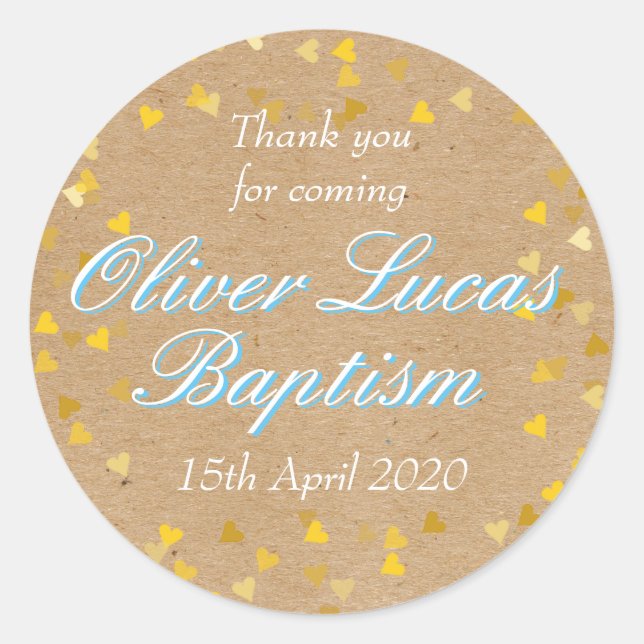 Golden Hearts Blue Baptism Christening Favor Classic Round Sticker (Front)
