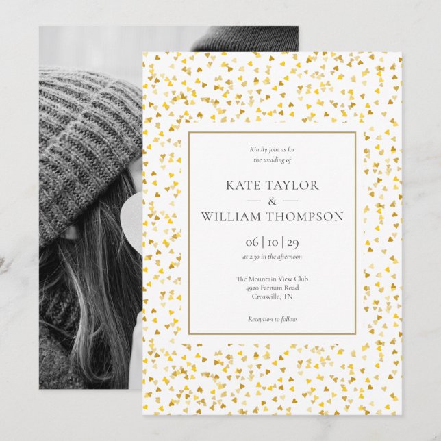 Golden Hearts Confetti Photo Wedding Invitation (Front/Back)