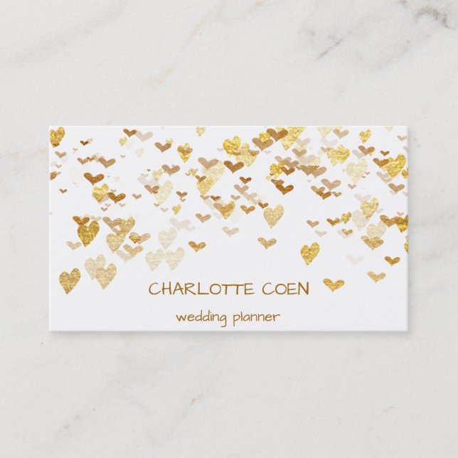 Golden Hearts Confetti White Delicate Glam Business Card (Front)