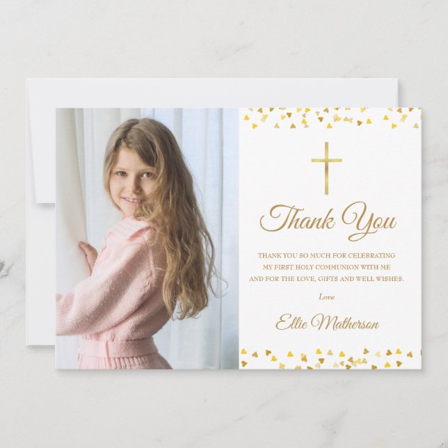 Golden Hearts First Holy Communion Photo Thank You Card (Front)