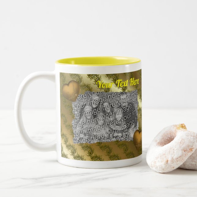 Golden Hearts Frame Personalized Photo  Two-Tone Coffee Mug (With Donut)