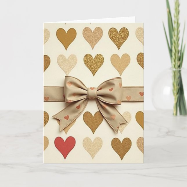 Golden Hearts Glitter Bow Card (Front)