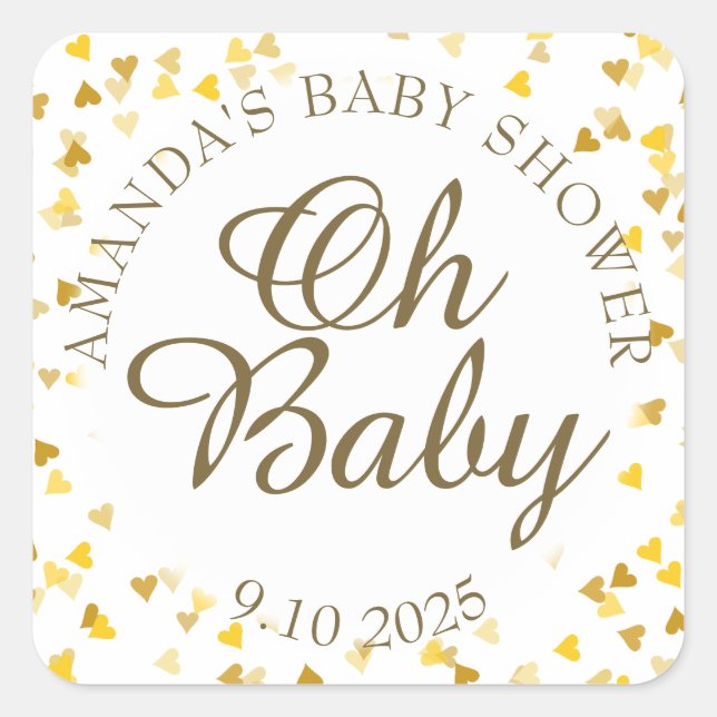 Golden Hearts Oh Baby Shower Favor Square Sticker (Front)