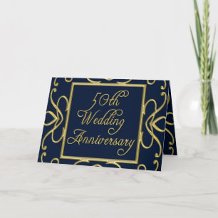 Golden Hearts On Blue 50th Wedding Anniversary Card