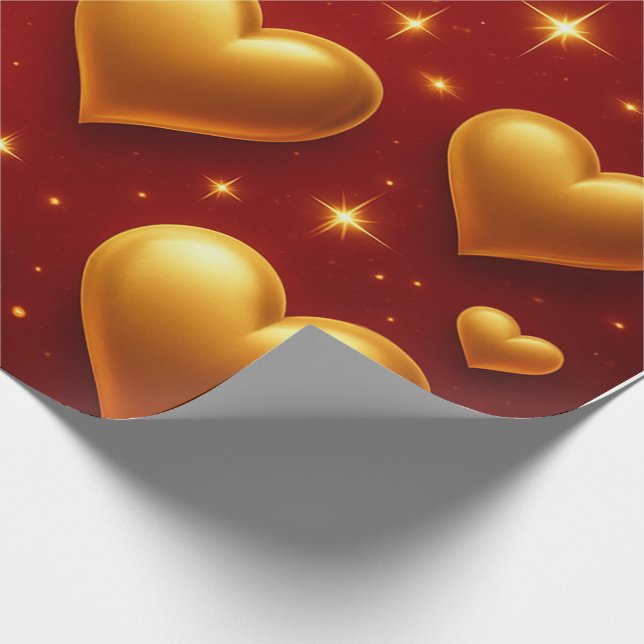 Golden Hearts on Red with Stars Wrapping Paper (Corner)