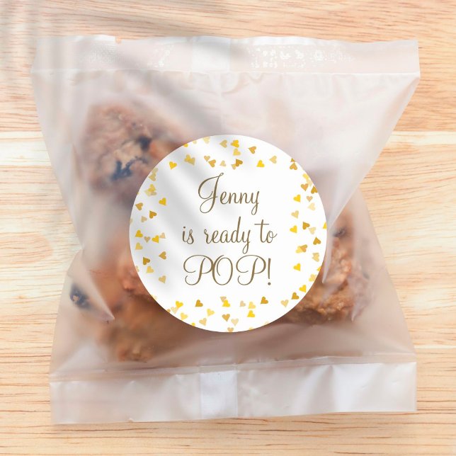 Golden Hearts She's Ready to Pop Baby Shower Favor Classic Round Sticker (Creator Uploaded)