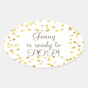 Golden Hearts She's Ready to Pop Baby Shower Favor Oval Sticker