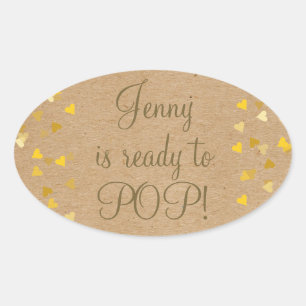 Golden Hearts She's Ready to Pop Baby Shower Favor Oval Sticker