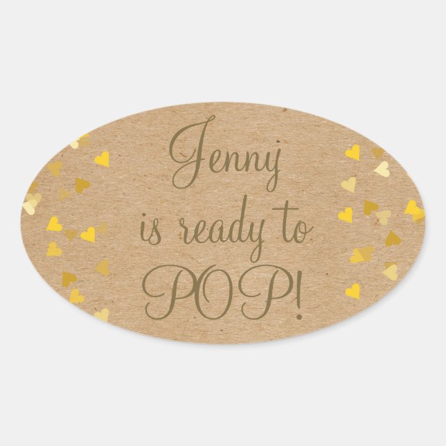 Golden Hearts She's Ready to Pop Baby Shower Favor Oval Sticker (Front)