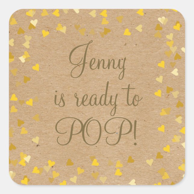 Golden Hearts She's Ready to Pop Baby Shower Favor Square Sticker (Front)