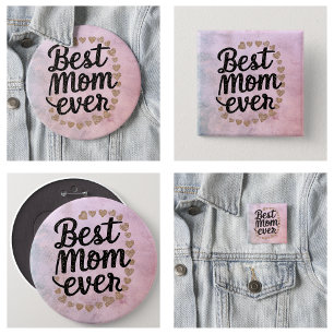 Golden Hearts Trendy Script Best Mom Ever Modern Button