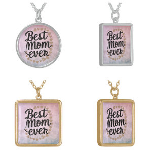 Golden Hearts Trendy Script Best Mom Ever Modern Silver Plated Necklace