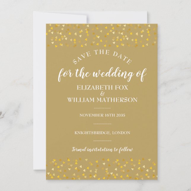 Golden Hearts Wedding Save the Date Card (Front)