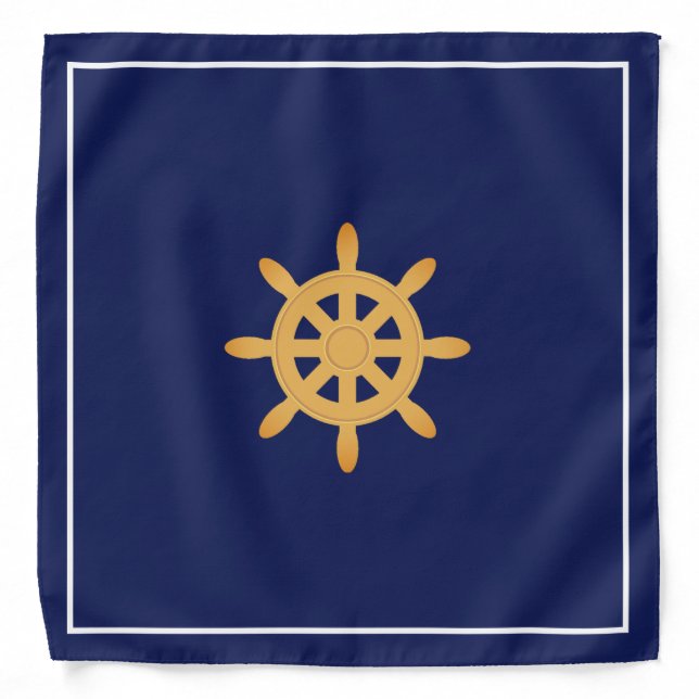 Golden helm, ship wheel on navy blue nautical bandana (Front)
