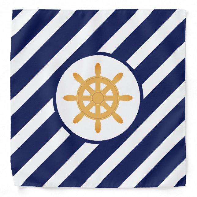 Golden helm, ship wheel on navy blue & white bandana (Front)