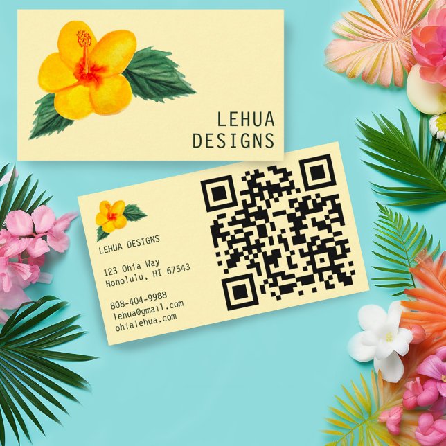 Golden Hibiscus Watercolor Unique Tropical QR Code Business Card (Watercolor golden hibiscus blooms decorate these custom tropical business cards with QR code)