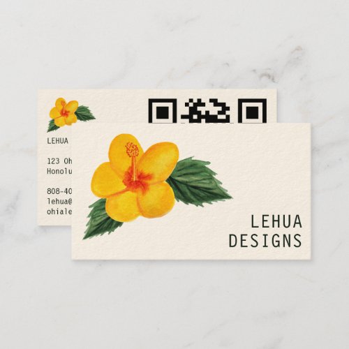Golden Hibiscus Watercolor Unique Tropical QR Code Business Card