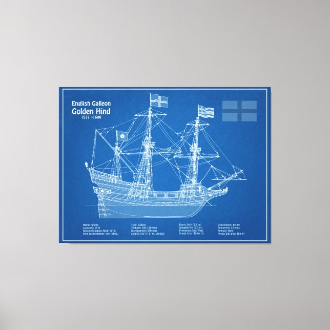 Golden Hind - Ship Blueprint Plans ABD Canvas Print (Front)