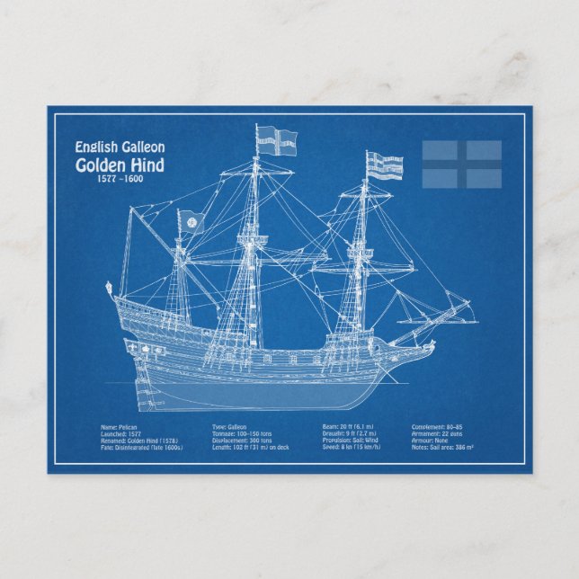 Golden Hind - Ship Blueprint Plans ABD Postcard (Front)