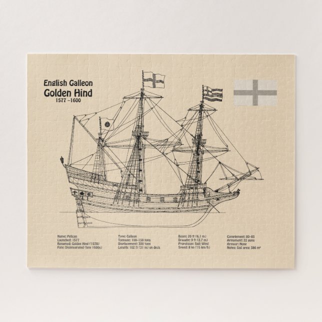 Golden Hind - Ship Blueprint Plans SD Jigsaw Puzzle (Horizontal)