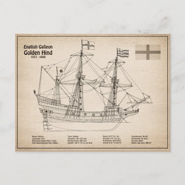 Golden Hind - Ship Blueprint Plans SD Postcard (Front)