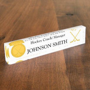 Golden Hockey Sticks and Puck Customized Desk Name Plate