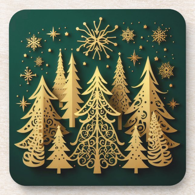 Golden Holiday Forest – Christmas Tree Pattern Beverage Coaster (Front)